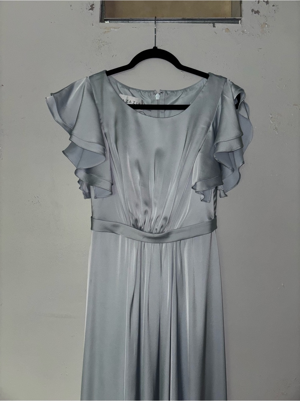 Azazie Blue Satin Ruffle Sleeve Maxi Dress